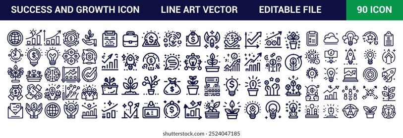 Ícone de sucesso e crescimento definido. Pacote de ícones de arte de linha simples. Ilustração vetorial