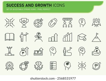 Success and growth line icons, set of editable vector icons