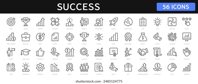 Success and growth thin line icons set. Progress, career, profit editable stroke icon. Vector