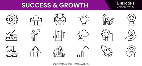 Success and growth web icons inline style. Handshake, growth profit, innovation, increase sale, coaching, progress, strategy, achievement, collection. Vector illustration.