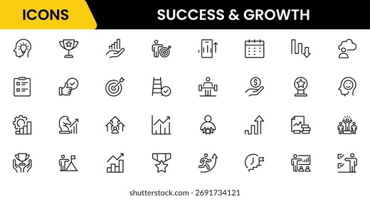 Éxito y crecimiento de iconos web estilo en línea. Apretón de manos, beneficio de crecimiento, innovación, aumentar la venta, coaching, progreso, estrategia, logro, colección. Ilustración vectorial.
