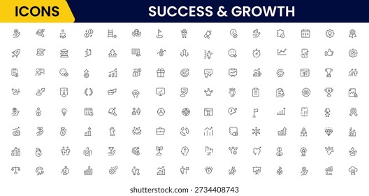 Success and growth web icons inline style. Handshake, growth profit, innovation, increase sale, coaching, progress, strategy, achievement, collection. Vector illustration.