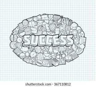 Success - Hand Lettering and Doodles Elements Sketch on Exercise book  page in square Background.
Vector illustration