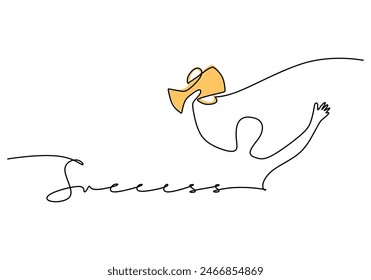 Success handwritten inscription with people lifting trophy. One line drawing of phrase hand writing calligraphy card lettering isolated on white background.
