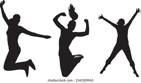 success of happiness, freedom of women, celebration of freedom of women vector flat silhouette Group of black girls and women jumping and raising hands up enjoy together
Jumping female silhouette