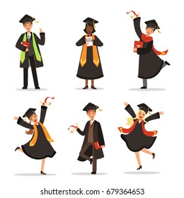 Success and happy students. Graduation in different countries. Vector characters