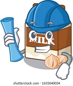 A success of hazelnut milk Architect having blue prints and blue helmet