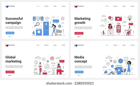 Success of home appliance sales campaign, global marketing growth set vector illustration. Cartoon tiny people shopping online with discounts, use social media content for advertising product