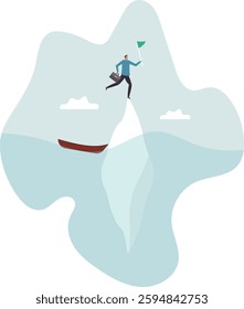 Success iceberg illusion, only success story visible, risk or failure hidden underwater, achievement or leadership.business concept.flat character.
