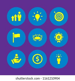 success icon. 9 success set with target, coin, promotion and flag signal in black cloth on a pole vector icons for web and mobile app