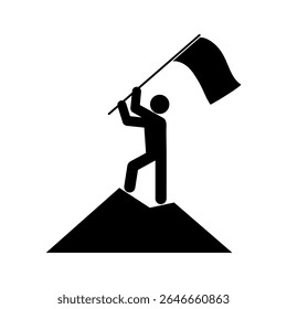 Success icon, Achievement of man on mountain top with flag sign, Winner icon, Moment symbolizes achievement and victory concept. Vector illustration design.