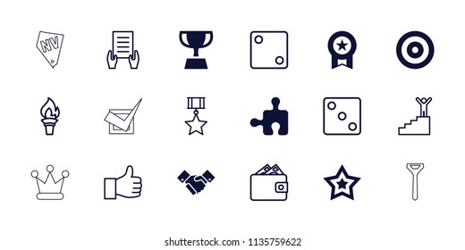 Success icon. collection of 18 success filled and outline icons such as medal, handshake, dice, holding document, torch, thumbs up. editable success icons for web and mobile.