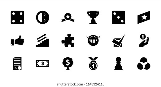 Success icon. collection of 18 success filled icons such as money, dice, laughing emot, thumb up, chess pawn, trophy, money tree. editable success icons for web and mobile.