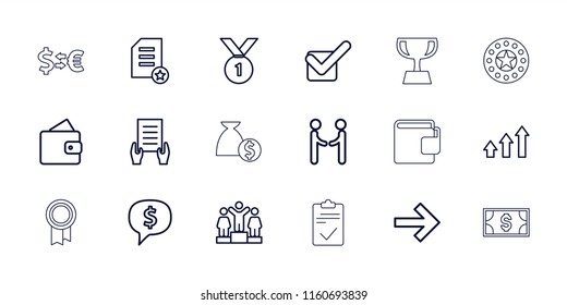 Success icon. collection of 18 success outline icons such as wallet, ranking, holding document, dollar sign in cloud, forward, tick. editable success icons for web and mobile.
