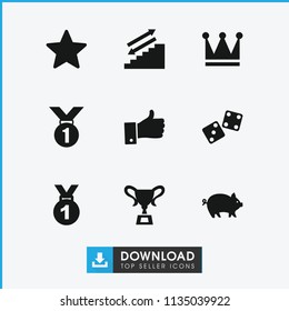 Success icon. collection of 9 success filled icons such as pig, crown, medal, thumb up, star, stairs, trophy. editable success icons for web and mobile.