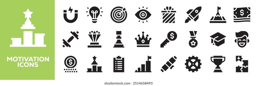 Success icon collection. Containing motivation, winner, goal, marketing plan, medal, target and business strategy icons. Solid icon set. Vector illustration.