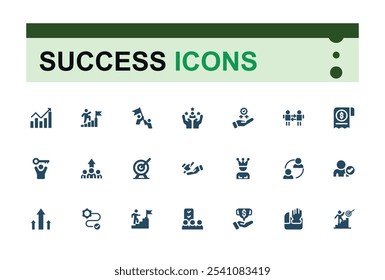 Success icon collection. Contains related to career, people, strategy, first, achievement, up, prize, management. Minimal filled icons. 