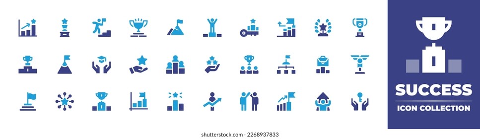 Success icon collection. Duotone color. Vector illustration. Containing rating, award, stairs, success, achievement, winner, key, progress, challenge, goal, star, podium, target, trophy, ratings.