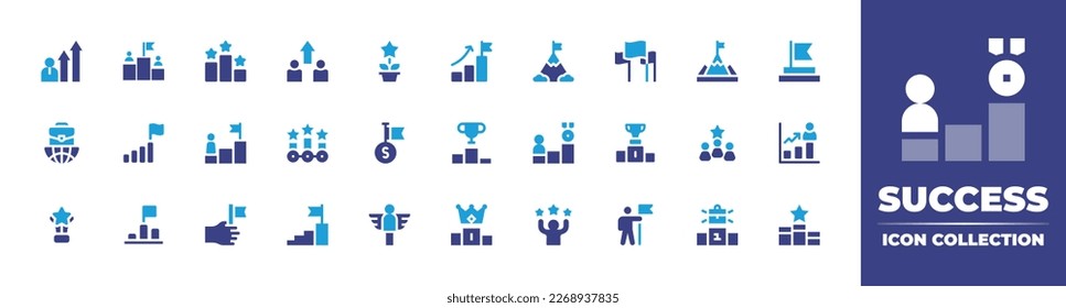 Success icon collection. Duotone color. Vector illustration. Containing rise, success, competition, growth, goal, flags, mountain, achievement, worldwide, podium, mission, promotion, best employee.