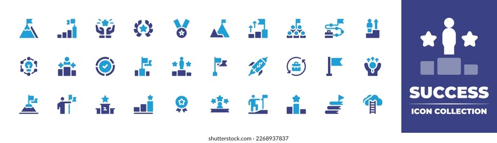 Sammlung des Erfolgssymbols Duotonfarbe. Vektorgrafik. Mit Erfolg, Ziel, Karriereweg, Beförderung, entdecken, überprüft, Podium, Führung, Ziel, Start-up, Karriere, Eroberung, Wachstum.