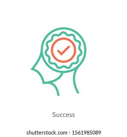 Success icon concept with check mark in the drawing of human brain isolated on white background, vector and illustration.