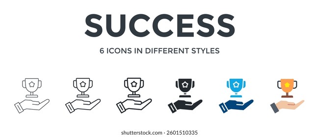 Success Icon In Different Style Vector Illustration. Designed In Thin Line, Regular Line, Bold Line, Glyph, Color Fill, And Flat Style Can Be Used For Web