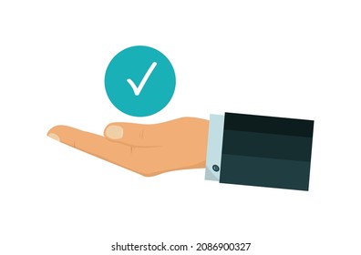 Icono de éxito. Un cheque verde está en la mano del empresario. Concepto de éxito aprobado, excelente marca o terminación del proyecto, victoria y resultado final. Progreso final de los negocios. Vector