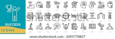Success Icon line set. Success Growth, Business Success, Achievement Medal, Success Trophy, Target, Goal Achievement, Mastery Mindset and Revenue Growth