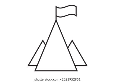 Icono de éxito. Montañas con bandera en un pico como logro de objetivo o ilustración de liderazgo