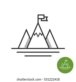 Success icon. Mountains with flag on a peak as aim achievement or leadership illustration.