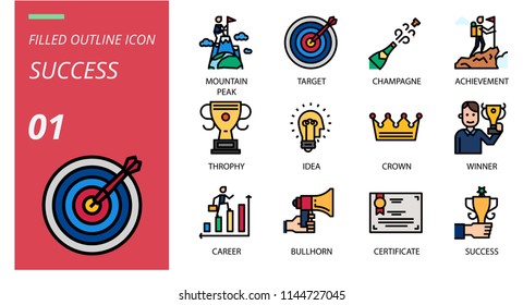 Success icon pack filled outline style. Icons for success,mountain peak,target,champagne,achievement,trophy,idea,crown,winner,career,bullhorn,certificate.