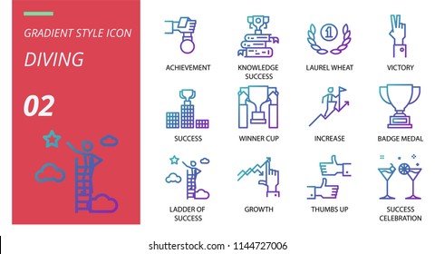Success icon pack gradient style. Icons for success,achievement,knowledge success,laurel wheat,victory,winner cup,increase,badge medal,ladder of success,growth,thumbs up,success,celebration.
