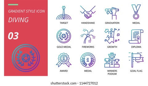Success icon pack gradient style. Icons for success,target,handshake,graduation,medal,gold medal,fireworks,growth,diploma,award,medal,winners podium,goal flag.