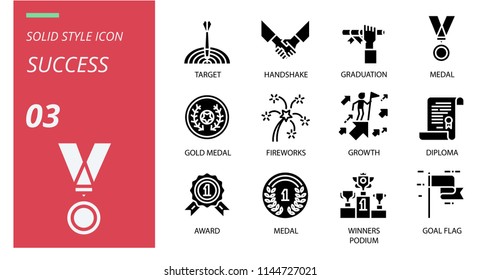 Success icon pack solid style. Icons for success,target,handshake,graduation,medal,gold medal,fireworks,growth,diploma,award,medal,winners podium,goal flag.