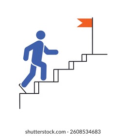 Success Icon of Person Climbing Stairs Toward Goal Flag for Career and Business Growth
