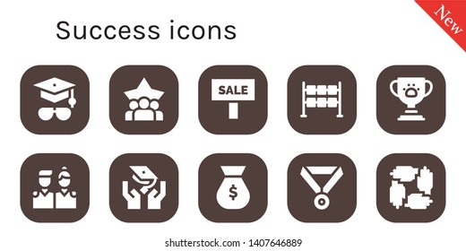 success icon set. 10 filled success icons.  Collection Of - Mortarboard, Teamwork, Sale, Dice, Trophy, Friends, Graduation, Money bag, Medal