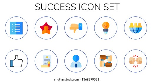 success icon set. 10 flat success icons.  Simple modern icons about  - list, like, star, certificate, dislike, manager, idea, teamwork, team, greeting