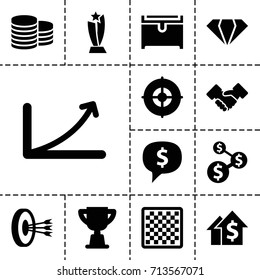 Success icon. set of 13 filled success icons such as gem, coin, chest, handshake, target, graph, trophy, arrows in target, chess board, dollar sign in cloud, dolar growth