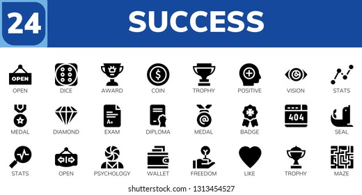 success icon set. 24 filled success icons.  Collection Of - Open, Dice, Award, Coin, Trophy, Positive, Vision, Stats, Medal, Diamond, Exam, Diploma, Badge, , Seal, Psychology