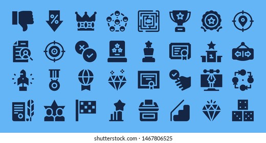 success icon set. 32 filled success icons. on blue background style Collection Of - Dislike, Curriculum, Startup, Independence, Sale, Target, Medal, Friends, Crown, Rate, Prize