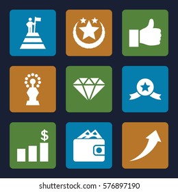 Success icon. Set of 9 Success filled icons such as thumbs up, trophy, man at the top of the mountain with flag, medal with star, gem, arrow up, money chart, wallet