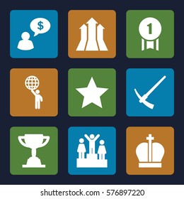 Success icon. Set of 9 Success filled icons such as ranking, trophy, man holding globe, arrows up, number 1 medal, star, hammer, crown