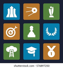 Success icon. Set of 9 Success filled icons such as olive wreath, pawn, trophy, arrows up, target, number 1 medal, star