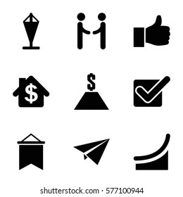 Success icon. Set of 9 Success filled icons such as thumbs up, chart, flag, tick, dollar, bank, paper plane