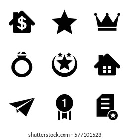 Success icon. Set of 9 Success filled icons such as number 1 medal, star, diploma, ring, bank, paper plane, crown