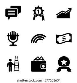 Success icon. Set of 9 Success filled icons such as chart, medal, number 1 medal, man with ladder, chat, wallet, microphone, rainbow