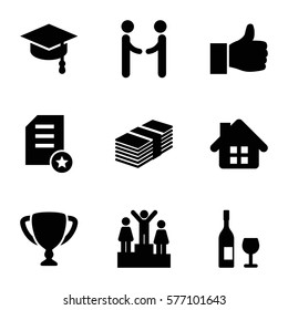 Success icon. Set of 9 Success filled icons such as ranking, thumbs up, trophy, arrows up, diploma, money, shaking hands, wine glass and bottle