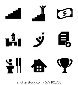 Success icon. Set of 9 Success filled icons such as trophy, stairs, man on stairs, diploma, speaker, crown, castle, winner