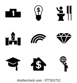 Success icon. Set of 9 Success filled icons such as ranking, man holding globe, arrows up, gem, bank, bulb with dollar, speaker, rainbow
