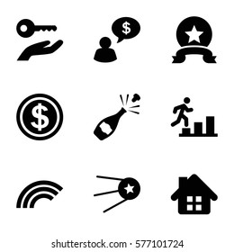 Success icon. Set of 9 Success filled icons such as man going up, medal, key on hand, dollar coin, star, rainbow, champagne, man thinking about money